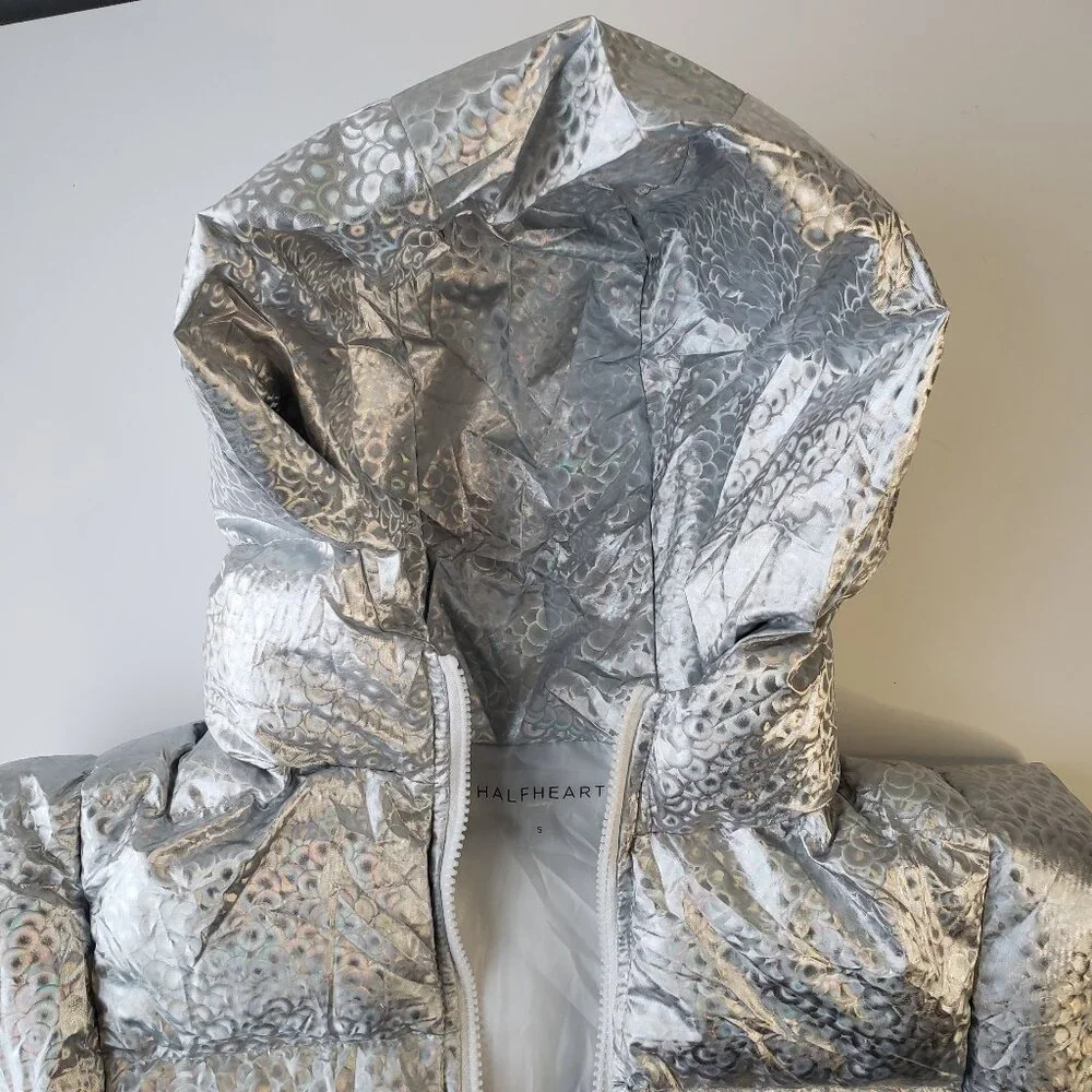 Silver Shine Holographic Crop Puffer Vest Rave Gem Y2K Style Zip + Side Strings - Picture 10 of 12